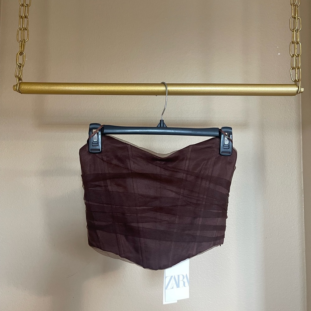 Zara tulle corset top in brown, size xs. NWT